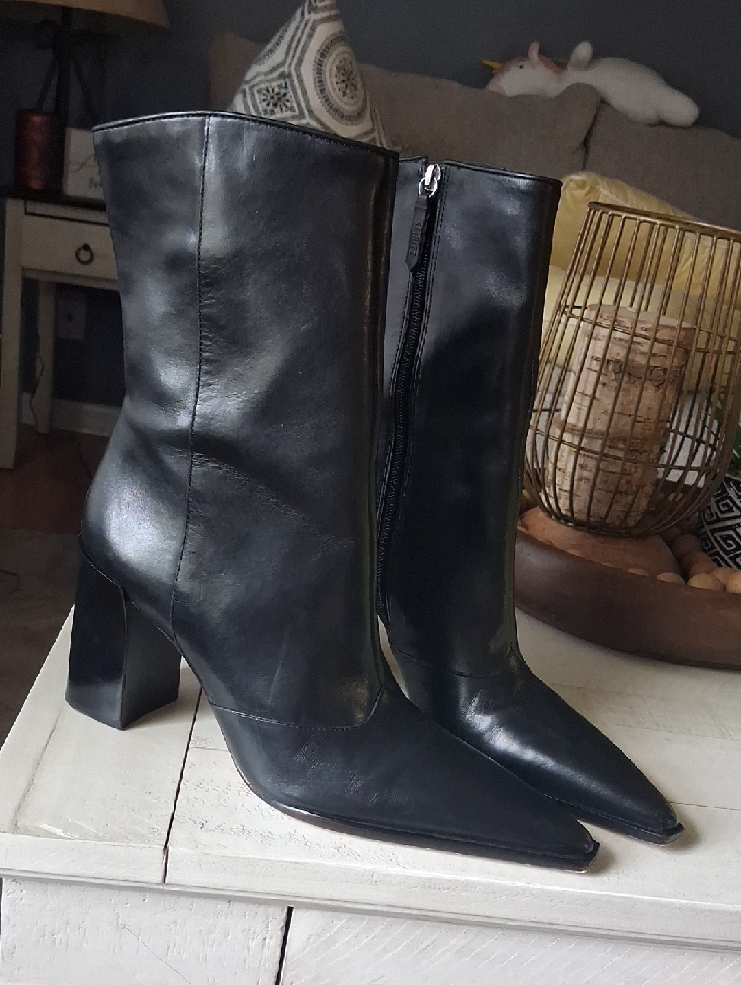Schutz Black Leather Pointed Toe Block Heel Ankle Boots